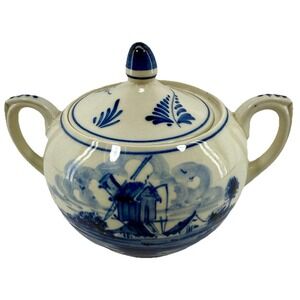 Delft‎ Blauw Holland Hand Painted Sugar Bowl Lidded Windmill Scene EUC